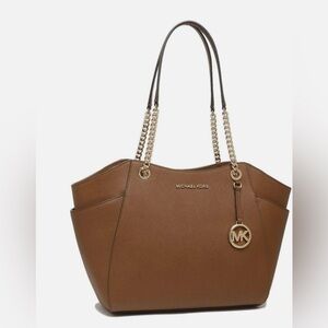 Michael Kors Brown Jet Set Travel Shoulder Gold Chain Leather Tote Bag